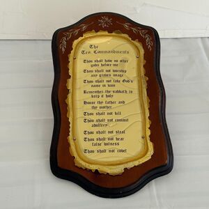 Vintage Ten Commandments Wall Plaque Mid Century Style Wood Brass Religious